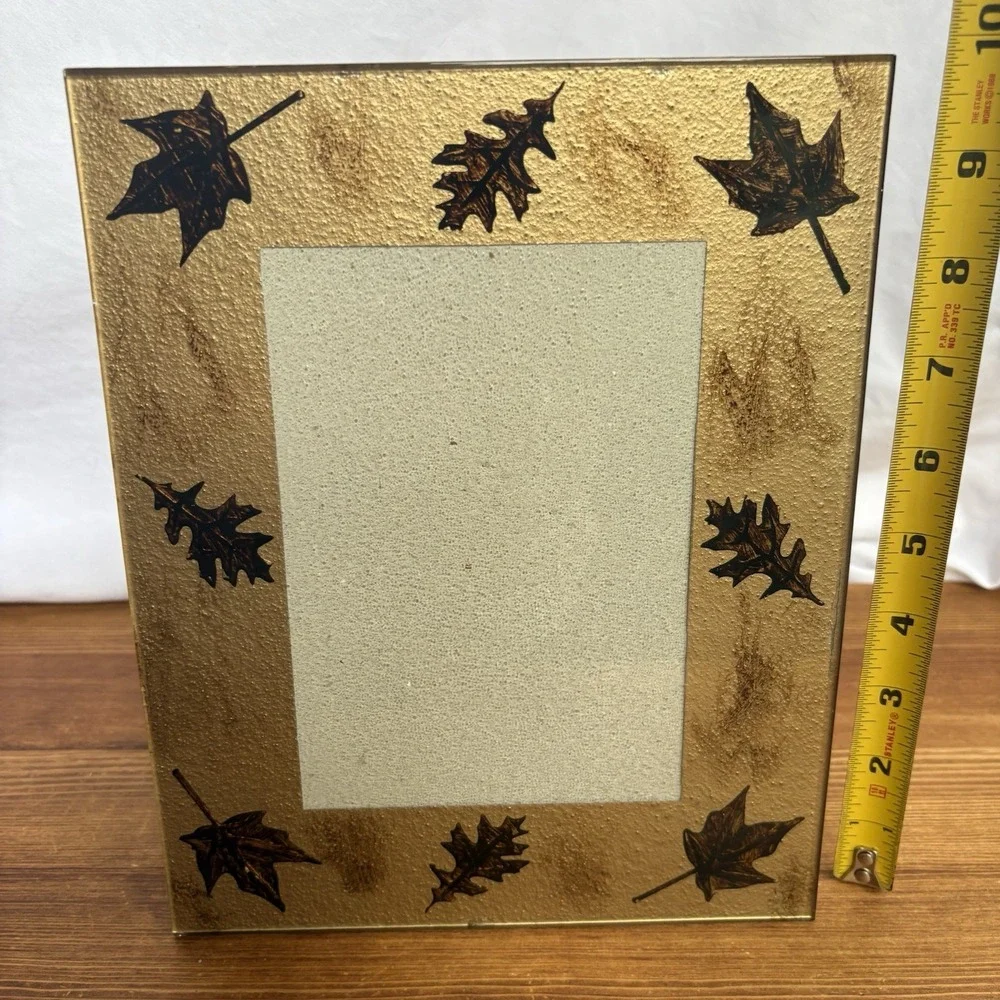 Decorative Glass Picture Frame Autumn Fall Leaf Design Holds 5x7 Photo Gold Tone